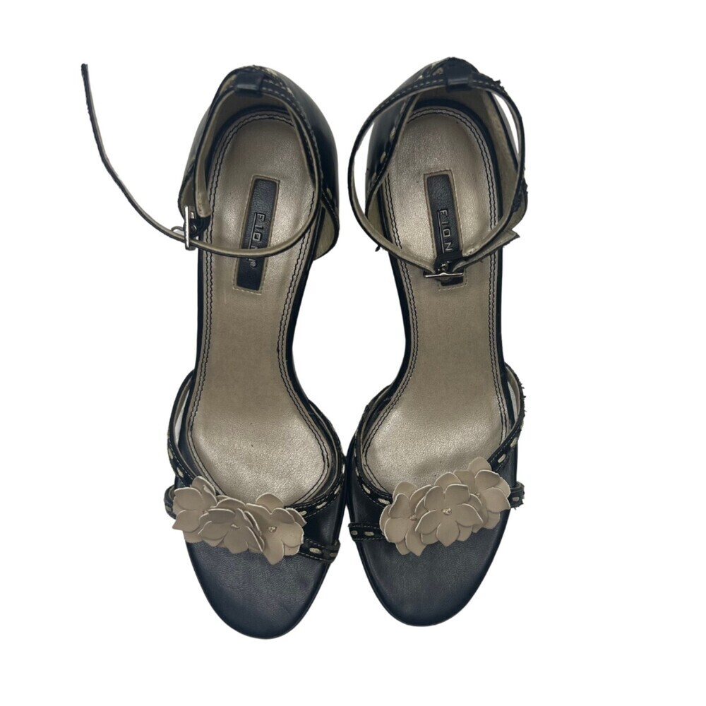 Fioni Black Open Toe High Heels with Faux Flowers Size 7